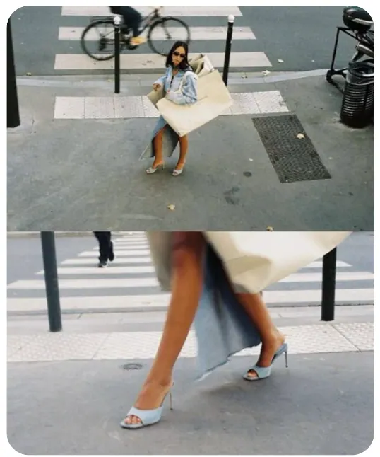 Two frames on a zebra crossing: carrying a parcel, then pale mules mid-stride